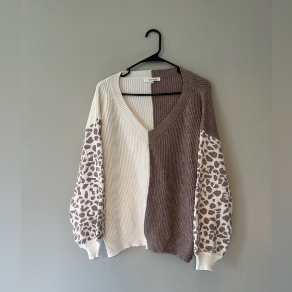 Miracle V-Neck Sweater with Leopard Print Sleeves - Picture 1 of 5